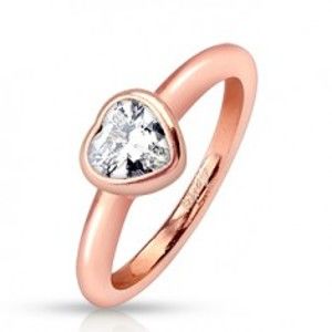 Šperky eshop - Oceľový prsteň, medený odtieň, zaoblené ramená, číre zirkónové srdce HH13.10 - Veľkosť: 48 mm