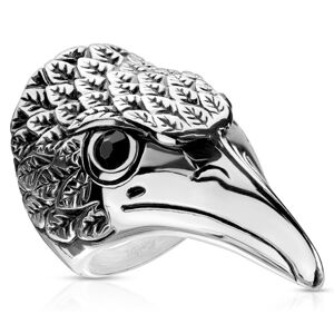 Oceľový prsteň mohutná hlava orla - čierne zirkóny, ryhované patinované perie - Veľkosť: 70 mm