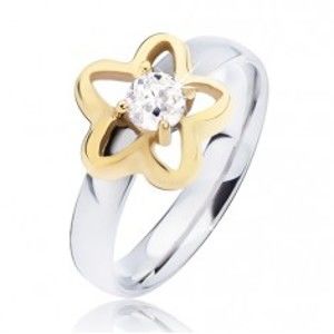 Šperky eshop - Oceľový prsteň, obrys hviezdy zlatej farby s čírym okrúhlym zirkónom L13.07 - Veľkosť: 57 mm