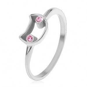 Šperky eshop - Oceľový prsteň pre deti, úzke ramená, kontúra mačky so svetloružovými očami H4.11 - Veľkosť: 47 mm