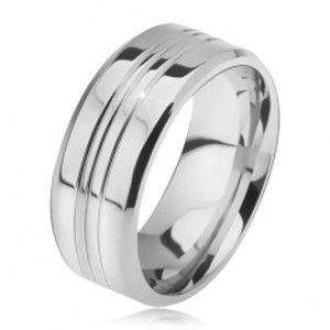 Šperky eshop - Oceľový prsteň, rovný so skosenými okrajmi, tri stredové zárezy BB08.15 - Veľkosť: 65 mm