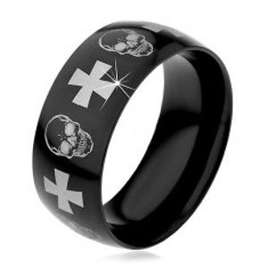Šperky eshop - Oceľový prsteň s čiernym povrchom, lebky a kríže striebornej farby, 9 mm H6.17 - Veľkosť: 59 mm