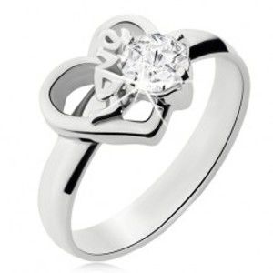 Šperky eshop - Oceľový prsteň s čírym kamienkom, obrys nesúmerného srdca, Love L16.07 - Veľkosť: 59 mm