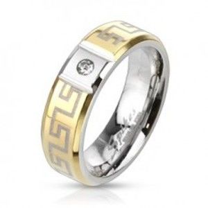 Šperky eshop - Oceľový prsteň s gréckym vzorom - so zirkónom K18.13 - Veľkosť: 52 mm