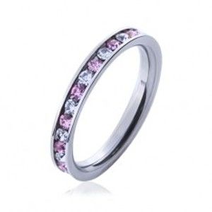 Šperky eshop - Oceľový prsteň s kamienkami ružovej a čírej farby J7.11 - Veľkosť: 58 mm