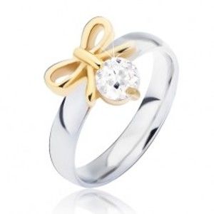 Šperky eshop - Oceľový prsteň s mašličkou zlatej farby a čírym zirkónom L13.06 - Veľkosť: 57 mm