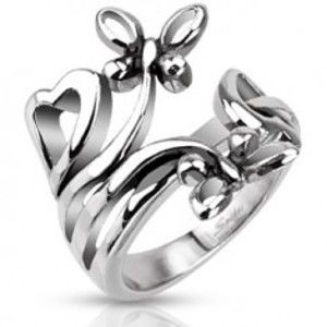 Šperky eshop - Oceľový prsteň s motívmi sŕdc a motýľov K14.4/K14.5 - Veľkosť: 53 mm