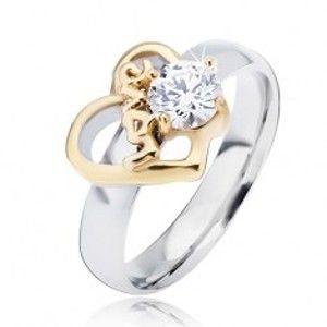 Šperky eshop - Oceľový prsteň s obrysom srdca zlatej farby a čírym zirkónom, Love L13.01 - Veľkosť: 54 mm