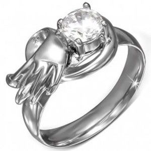 Šperky eshop - Oceľový prsteň s okrúhlym čírym zirkónom, anjelské krídlo BB07.15 - Veľkosť: 51 mm