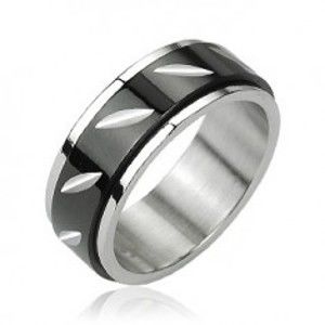 Šperky eshop - Oceľový prsteň s otáčavým čiernym stredom - zárezy H18.3 - Veľkosť: 62 mm