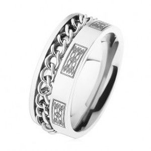 Šperky eshop - Oceľový prsteň s retiazkou, strieborná farba, ornamenty HH9.10 - Veľkosť: 60 mm