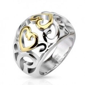 Šperky eshop - Oceľový prsteň s vyrezávaným ornamentom, zlato-strieborná farba E2.3 - Veľkosť: 55 mm