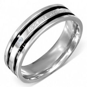 Šperky eshop - Oceľový prsteň s vyznaním lásky, číry zirkón, čierne ryhy BB4.10 - Veľkosť: 54 mm