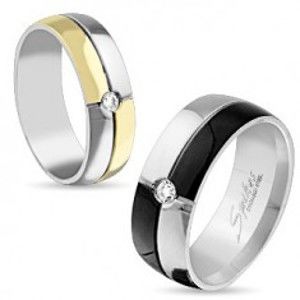 Šperky eshop - Oceľový prsteň striebornej a čiernej farby, zirkón uprostred, 8 mm S85.04 - Veľkosť: 70 mm