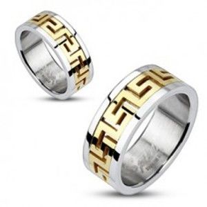 Šperky eshop - Oceľový prsteň striebornej farby - vsadený grécky motív zlatej farby F4.8/F4.9 - Veľkosť: 57 mm
