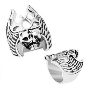 Šperky eshop - Oceľový prsteň striebornej farby, čierna patina, lebka - parohy, krídla Z40.5/6 - Veľkosť: 56 mm