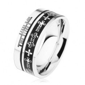 Šperky eshop - Oceľový prsteň striebornej farby, čierne prúžky, keltské symboly HH11.13 - Veľkosť: 62 mm