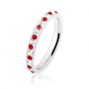 Šperky eshop - Oceľový prsteň striebornej farby, číre a červené zirkóniky, biela glazúra HH17.13 - Veľkosť: 60 mm
