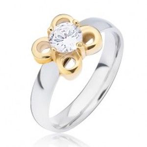 Šperky eshop - Oceľový prsteň striebornej farby, kvietok zlatej farby s čírym zirkónom L12.09 - Veľkosť: 58 mm