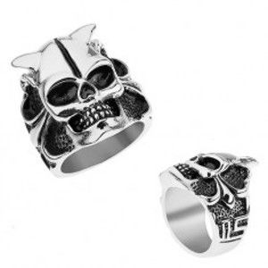 Šperky eshop - Oceľový prsteň striebornej farby, lebka s rohmi, srdce, guličky, hranaté línie T18.15 - Veľkosť: 67 mm