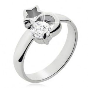 Šperky eshop - Oceľový prsteň striebornej farby, mesiac, obrys hviezdy a číry zirkón L16.08 - Veľkosť: 52 mm