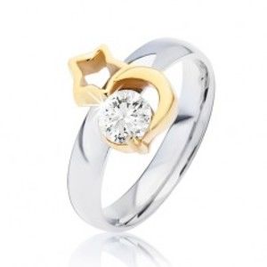 Šperky eshop - Oceľový prsteň striebornej farby, mesiac zlatej farby, obrys hviezdy a číry zirkón L13.02 - Veľkosť: 51 mm