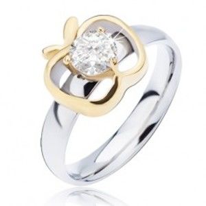 Šperky eshop - Oceľový prsteň striebornej farby, obrys jablka zlatej farby s okrúhlym čírym zirkónom L13.08 - Veľkosť: 50 mm