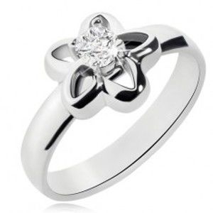 Šperky eshop - Oceľový prsteň striebornej farby, obrys kvetu s čírym zirkónom L16.01 - Veľkosť: 55 mm