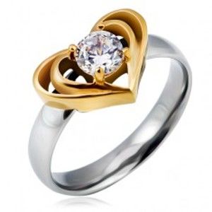 Šperky eshop - Oceľový prsteň striebornej farby s dvojitým srdcom zlatej farby, číry zirkón L12.10 - Veľkosť: 55 mm