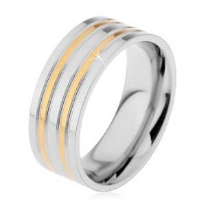 Šperky eshop - Oceľový prsteň striebornej farby s vyvýšenými pásmi v zlatom odtieni, 8 mm H7.06 - Veľkosť: 62 mm