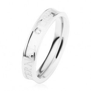 Šperky eshop - Oceľový prsteň striebornej farby, vyhĺbený stred, číry zirkónik, ETERNAL LOVE HH12.1 - Veľkosť: 55 mm