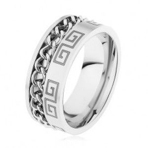 Šperky eshop - Oceľový prsteň striebornej farby, zárez s retiazkou, grécky kľúč HH8.8 - Veľkosť: 65 mm