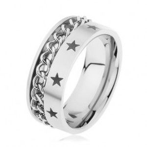 Šperky eshop - Oceľový prsteň striebornej farby zdobený retiazkou a hviezdičkami HH10.2 - Veľkosť: 64 mm