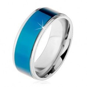 Šperky eshop - Oceľový prsteň, tmavomodrý pruh, lemy striebornej farby, vysoký lesk, 8 mm M09.01 - Veľkosť: 60 mm
