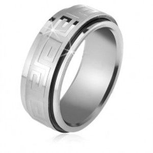 Šperky eshop - Oceľový prsteň, točiaca sa matná obruč s lesklým gréckym kľúčom BB14.01 - Veľkosť: 67 mm