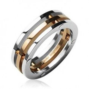 Šperky eshop - Oceľový prsteň trojitý stredný pruh zlatej farby D13.1 - Veľkosť: 56 mm