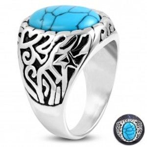 Šperky eshop - Oceľový prsteň, tyrkysový ovál, ramená zdobené výrezmi a čiernou patinou K04.01 - Veľkosť: 65 mm