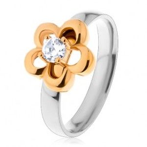 Šperky eshop - Oceľový prsteň v dvojfarebnom prevedení, obrys kvetu s vyvýšeným čírym zirkónom S18.17 - Veľkosť: 55 mm