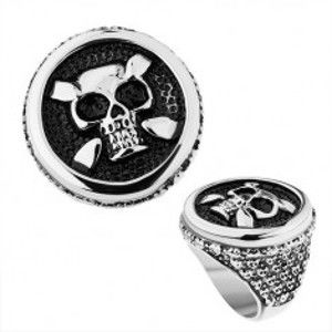 Šperky eshop - Oceľový prsteň v striebornom odtieni, kruh, patinovaná lebka, srdcia, bodky Z39.15/16 - Veľkosť: 61 mm
