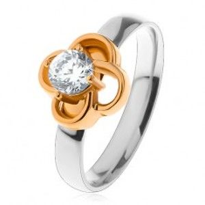 Šperky eshop - Oceľový prsteň v striebornom odtieni, kvietok zlatej farby s čírym zirkónom S22.19 - Veľkosť: 52 mm