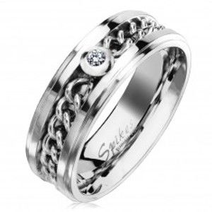 Šperky eshop - Oceľový prsteň v striebornom odtieni s retiazkou a čírym zirkónom, 7 mm M16.23 - Veľkosť: 67 mm