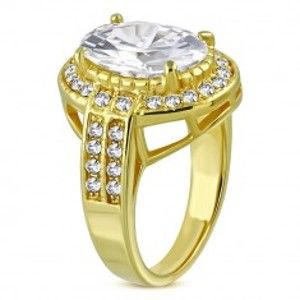 Šperky eshop - Oceľový prsteň v zlatom farebnom odtieni - oválny zirkón v kotlíku, drobné zirkóny J14.11 - Veľkosť: 61 mm