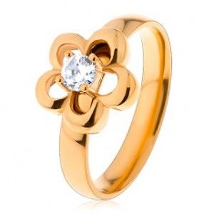 Šperky eshop - Oceľový prsteň v zlatom odtieni, kvietok, vyvýšený okrúhly zirkón čírej farby S26.24 - Veľkosť: 57 mm