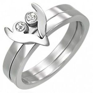Šperky eshop - Oceľový prsteň z dvoch častí - srdiečko so zirkónmi D13.17 - Veľkosť: 50 mm
