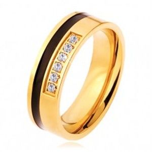 Šperky eshop - Oceľový prsteň zlatej a čiernej farby, ozdobná línia čírych zirkónov SP32.17 - Veľkosť: 54 mm