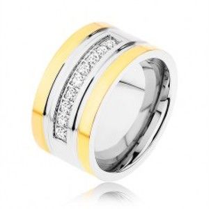 Šperky eshop - Oceľový prsteň zlatej a striebornej farby, trblietavá zirkónová línia, zárezy T22.1 - Veľkosť: 57 mm