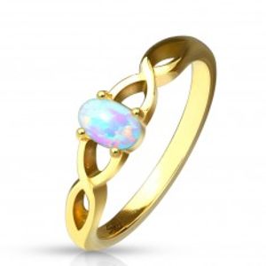 Šperky eshop - Oceľový prsteň zlatej farby - opál  s dúhovými odleskami, prepletené ramená F16.18 - Veľkosť: 54 mm