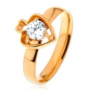 Šperky eshop - Oceľový prsteň zlatej farby, dva obrysy sŕdc a okrúhly číry zirkón S20.28 - Veľkosť: 60 mm