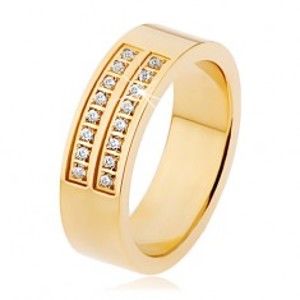 Šperky eshop - Oceľový prsteň zlatej farby, dvojitá línia čírych zirkónov S71.05 - Veľkosť: 57 mm