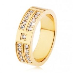 Šperky eshop - Oceľový prsteň zlatej farby, ozdobné línie a štvorčeky čírych zirkónov SP11.30 - Veľkosť: 53 mm